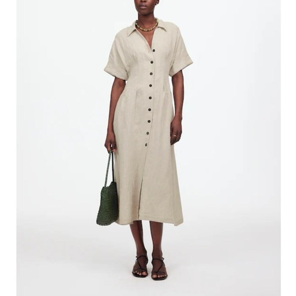 NWT Madewell Pleated Button Front Midi Shirtdress In 100% Linen Oat Size XL